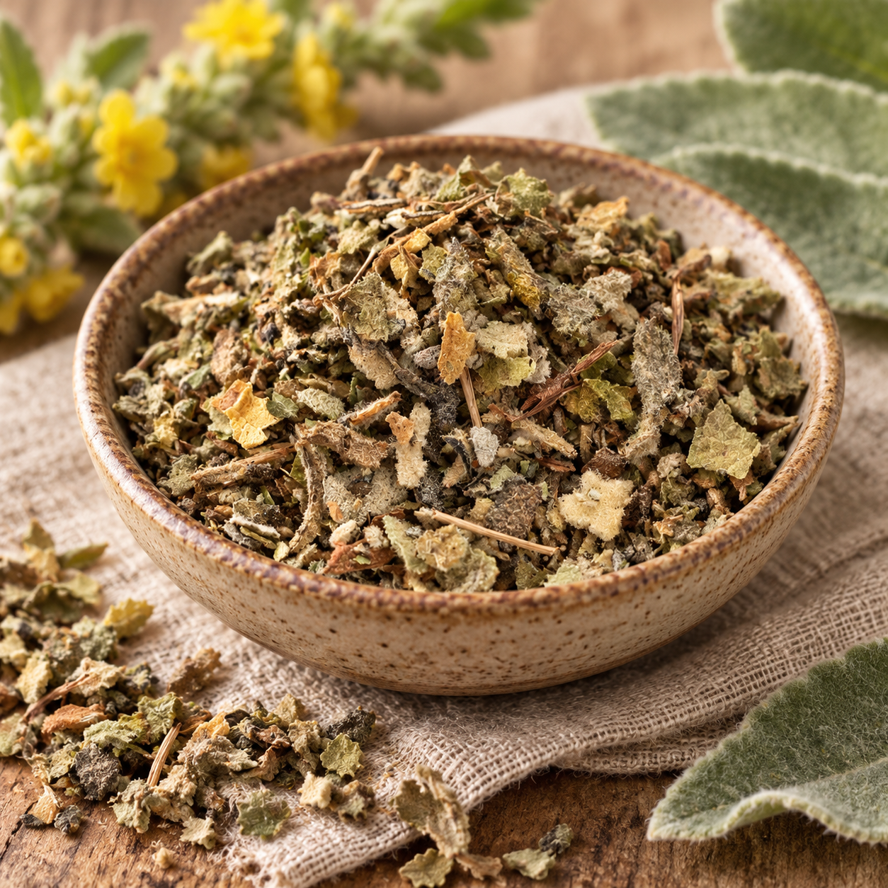 A bowl filled with dried herbs, surrounded by fresh herbs and flowers on a rustic wooden surface.