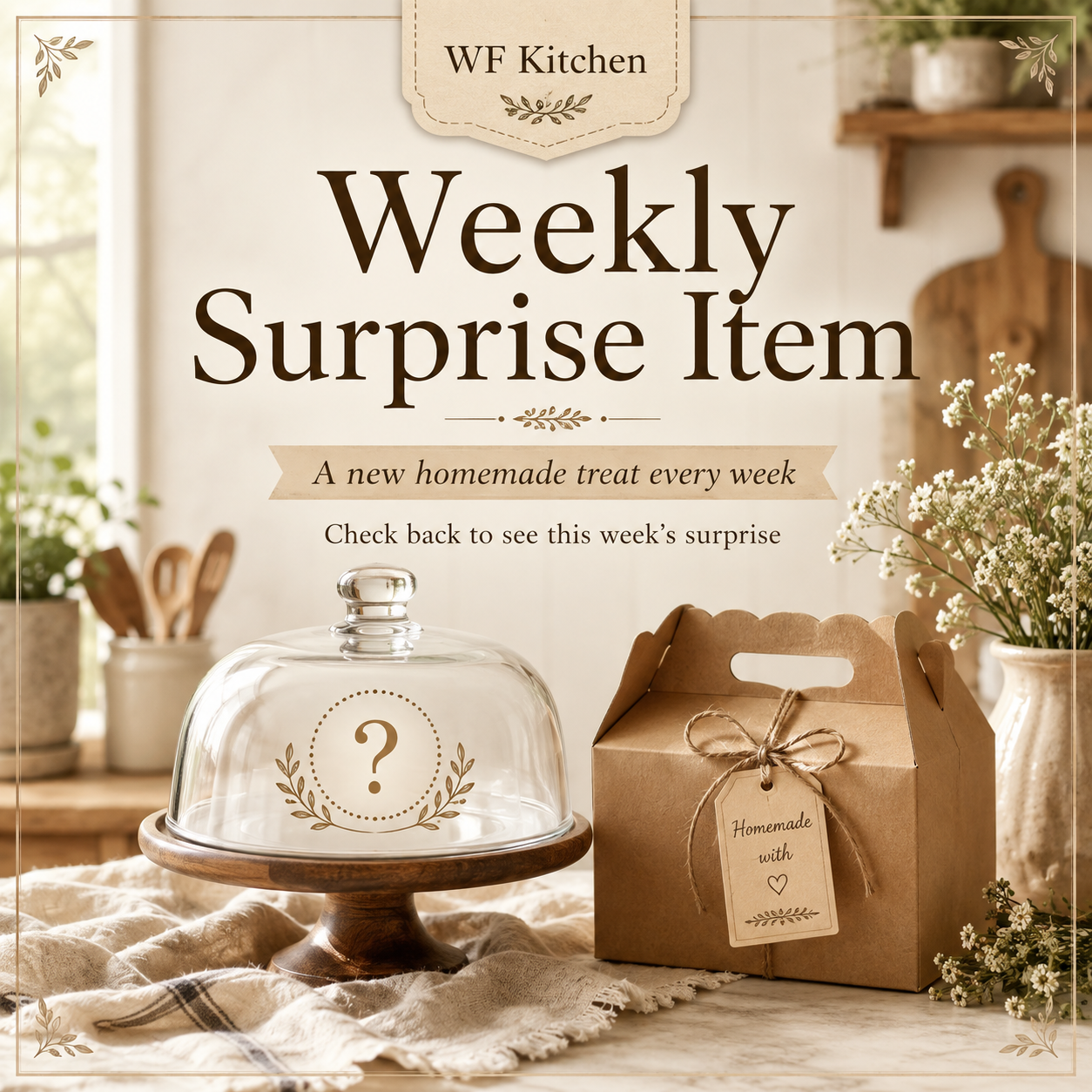 A promotional graphic for WF Kitchen's weekly surprise item, featuring a glass dome with a question mark, a brown paper gift box with a tag that says "Homemade with," and a kitchen background with flowers and kitchen utensils.