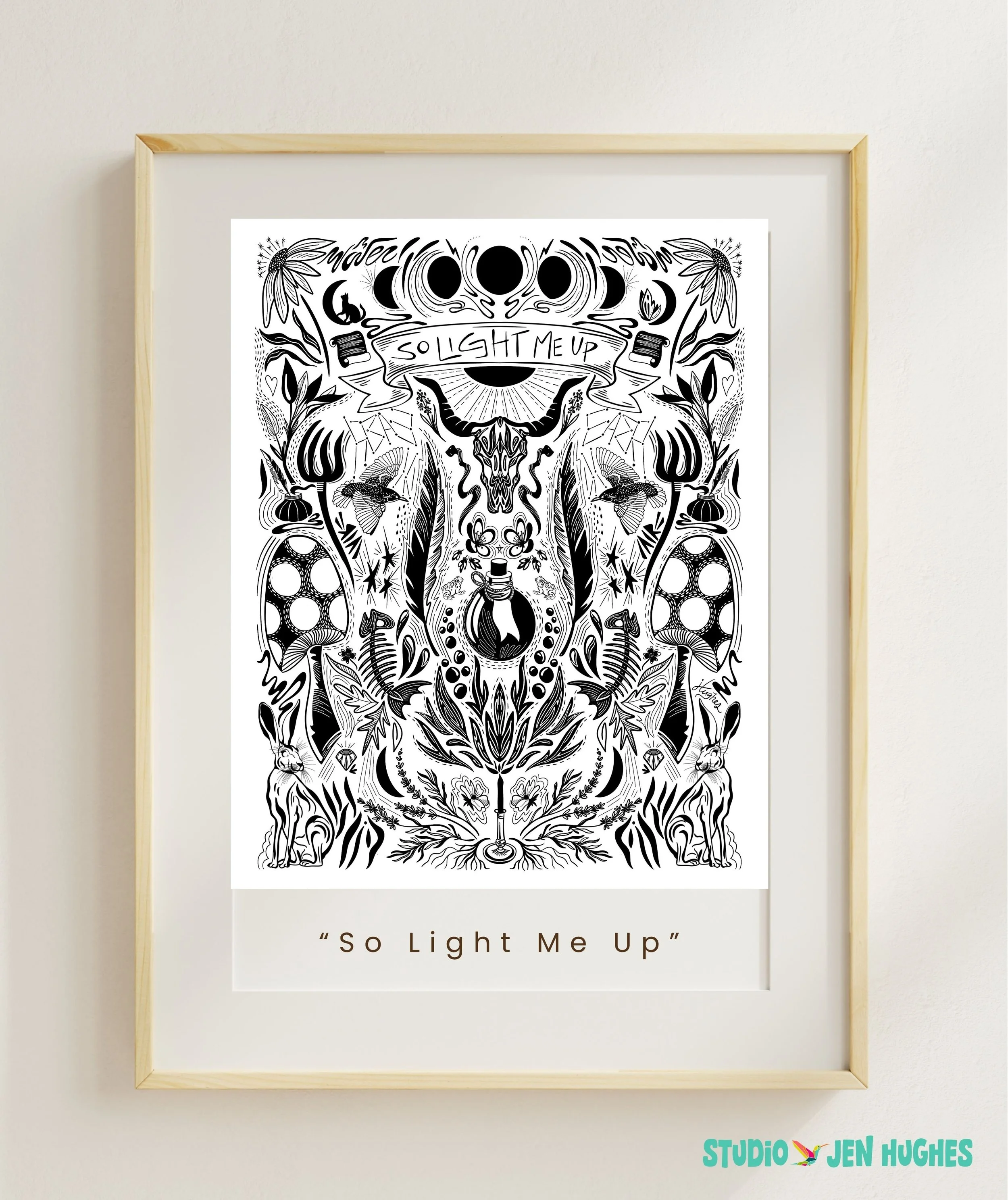 Folklore Art. "So Light Me Up" black and white Art Print.