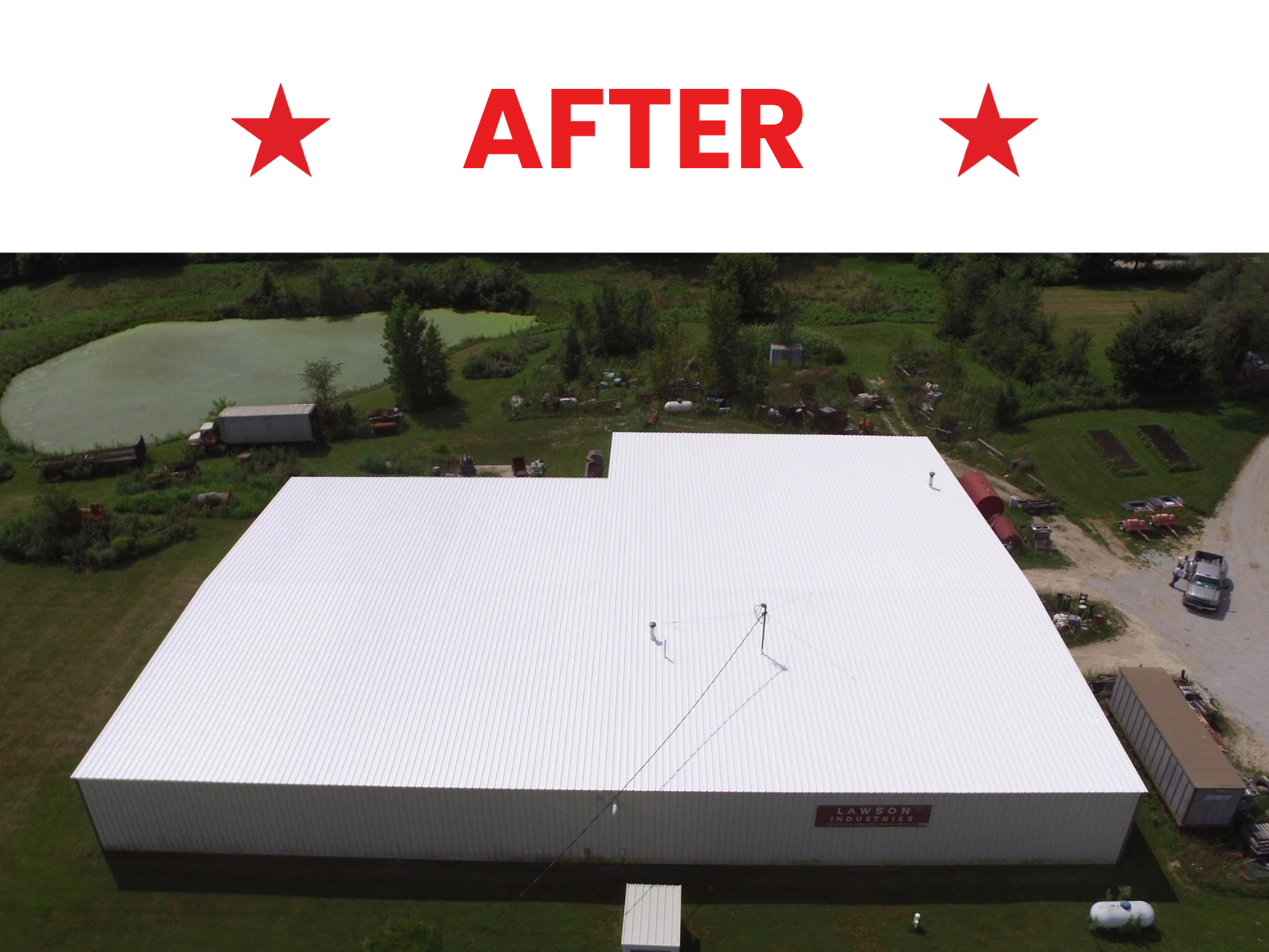 After commercial roof restoration with new metal roofing system on large facility