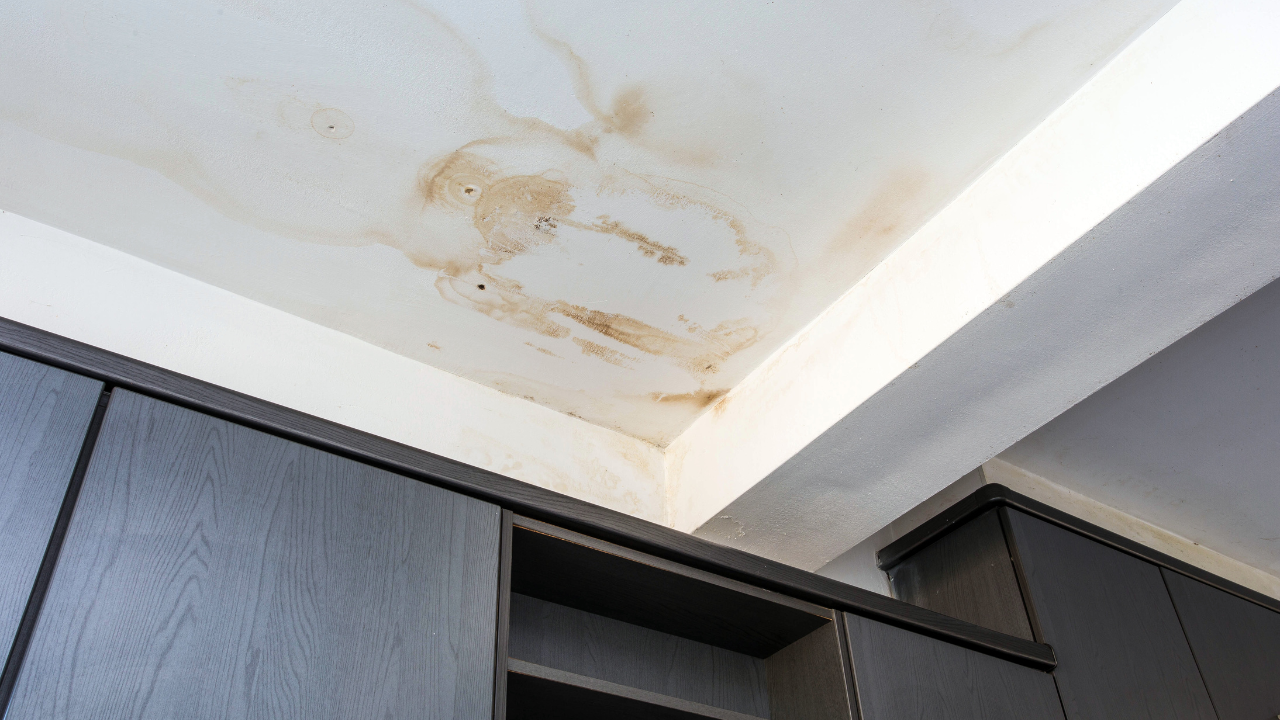Ceiling with water damage on it in a commercial building