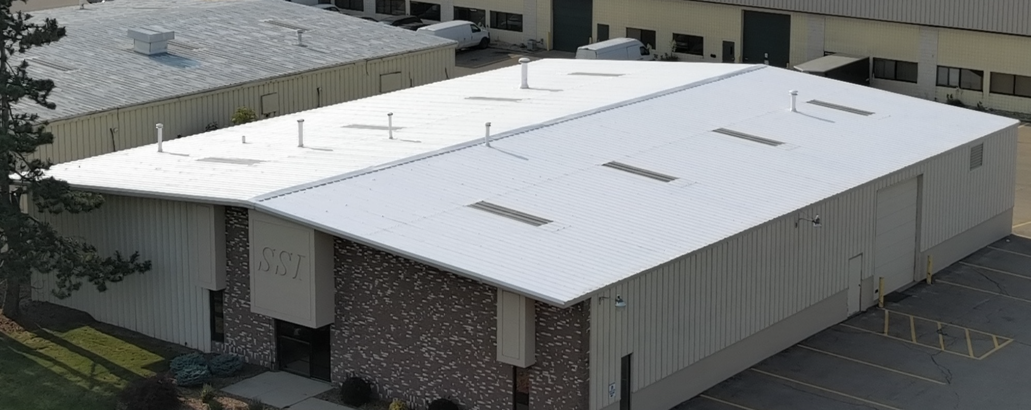 An aerial shot of a commercial roof we restored