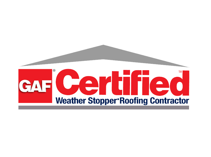 A large GAF Certification logo on a building or sign with a peaked roof above it.