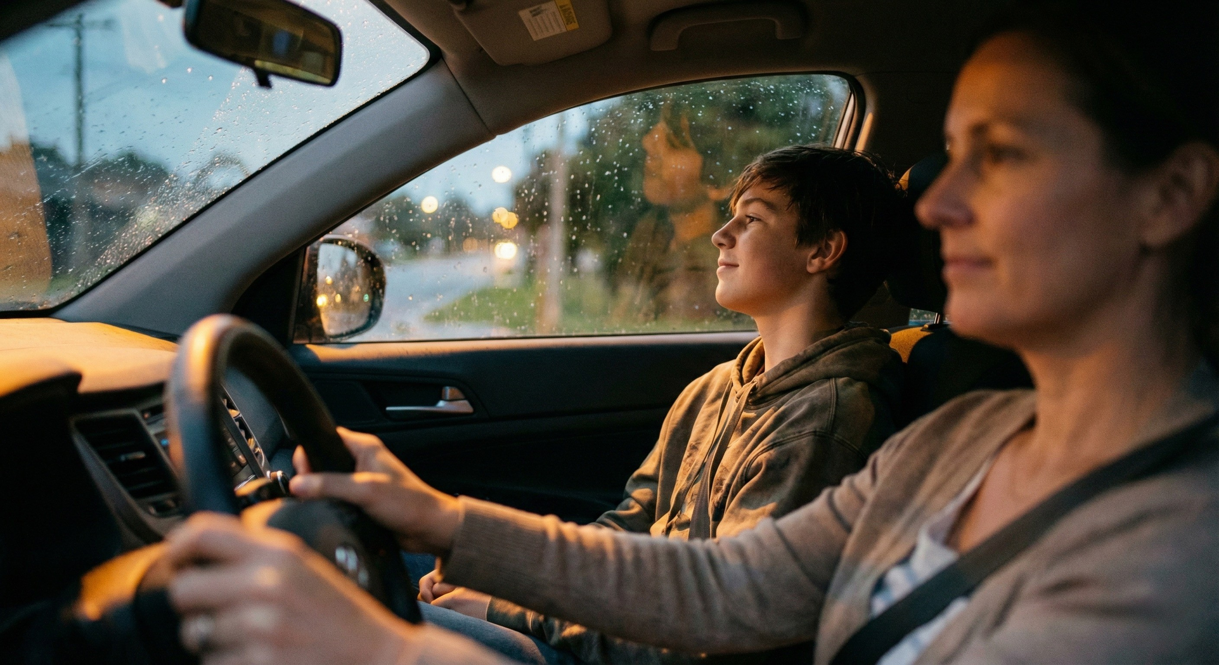Teenage athlete gazing out the car window while a parent drives quietly during a rainy evening. Illustrating the importance of the car ride home and giving teens space to decompress after high-pressure sports games without criticism.