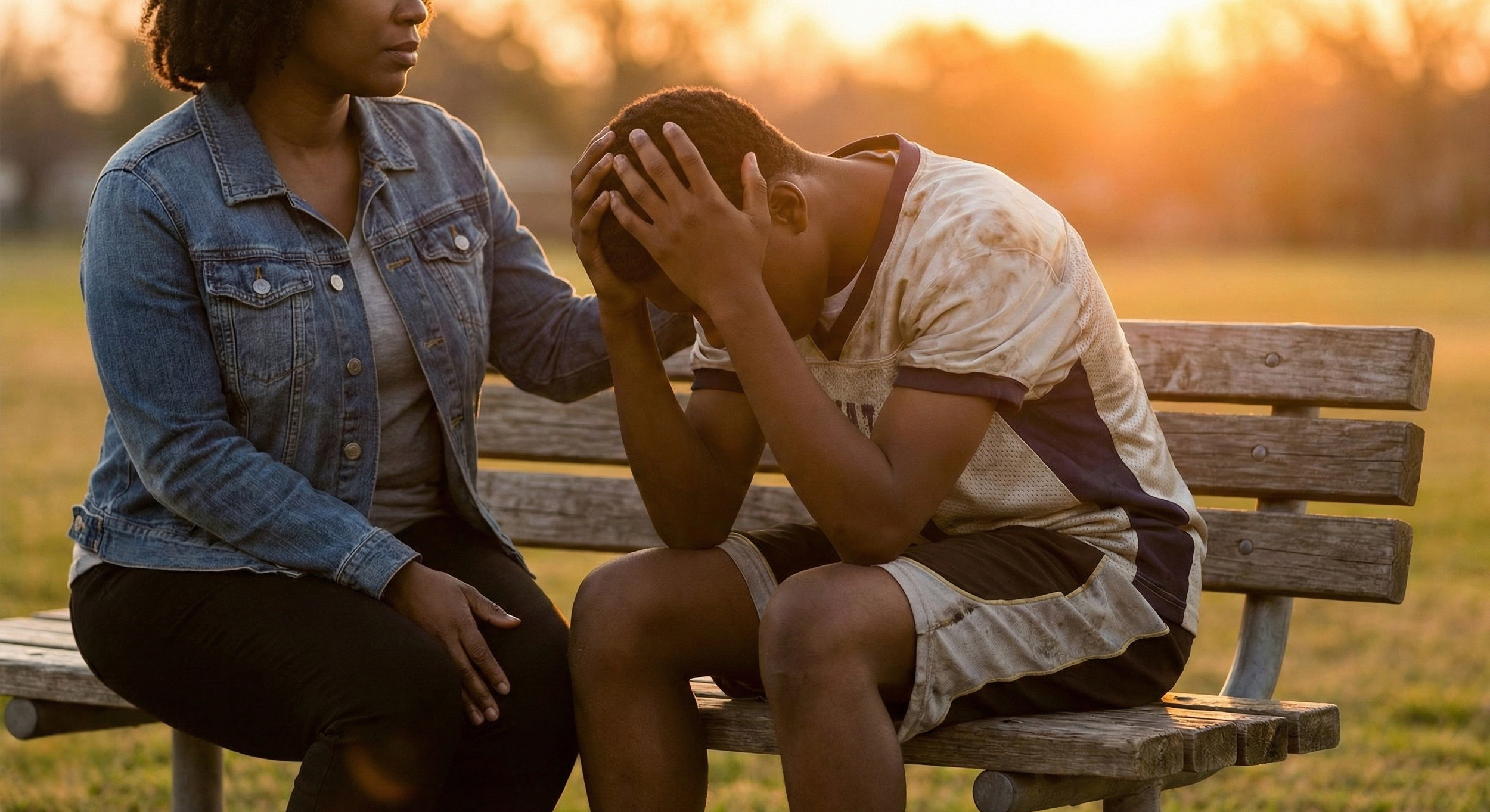 Young Black teen athlete sitting on a bench with head in hands while a parent offers comforting nonverbal support. Visualizing sports burnout, performance anxiety, and how to help teens navigate failure in a healthy way.