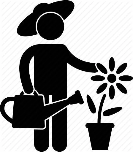 En silhuettfigur med hatt som vattnar en blomma i en kruka.