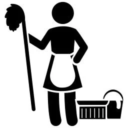 Symbol för en kvinna klädd som en hembiträde, håller en påle, med en mopp och en tvättkorg framför.