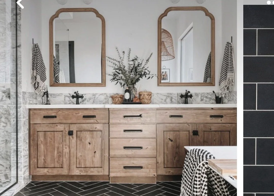 Master bath with wood double vanity and herringbone floor, Maddox project, Auburn AL