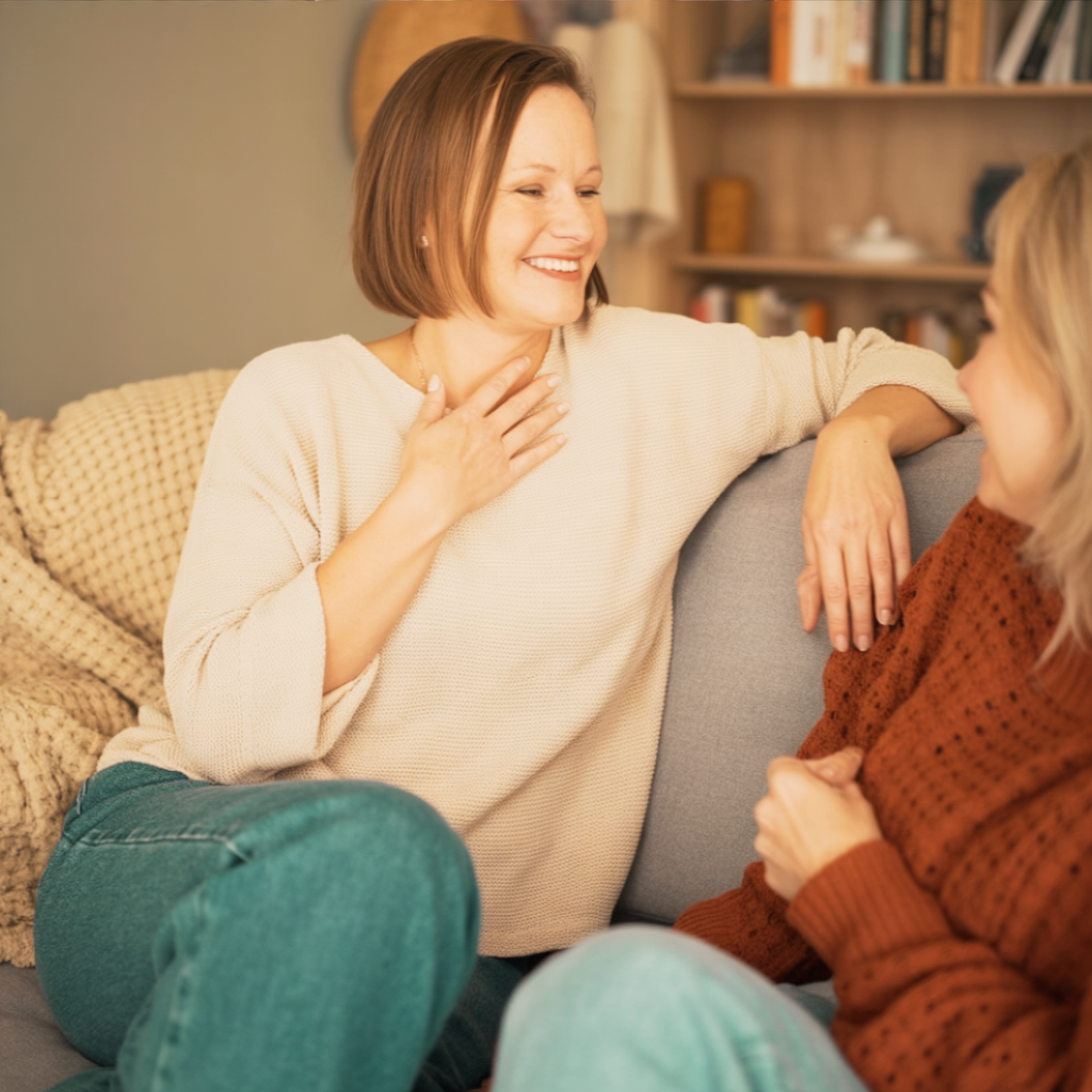 Two women having a comforting conversation in a bright room, one touching the other's hand.