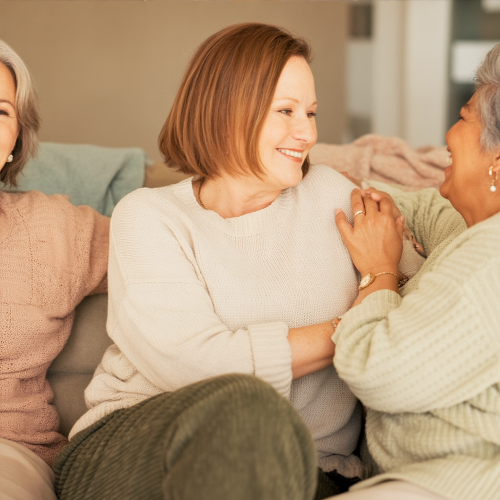 Four women sitting around a table outdoors, laughing and enjoying conversation, with peaches and bowls on the table.