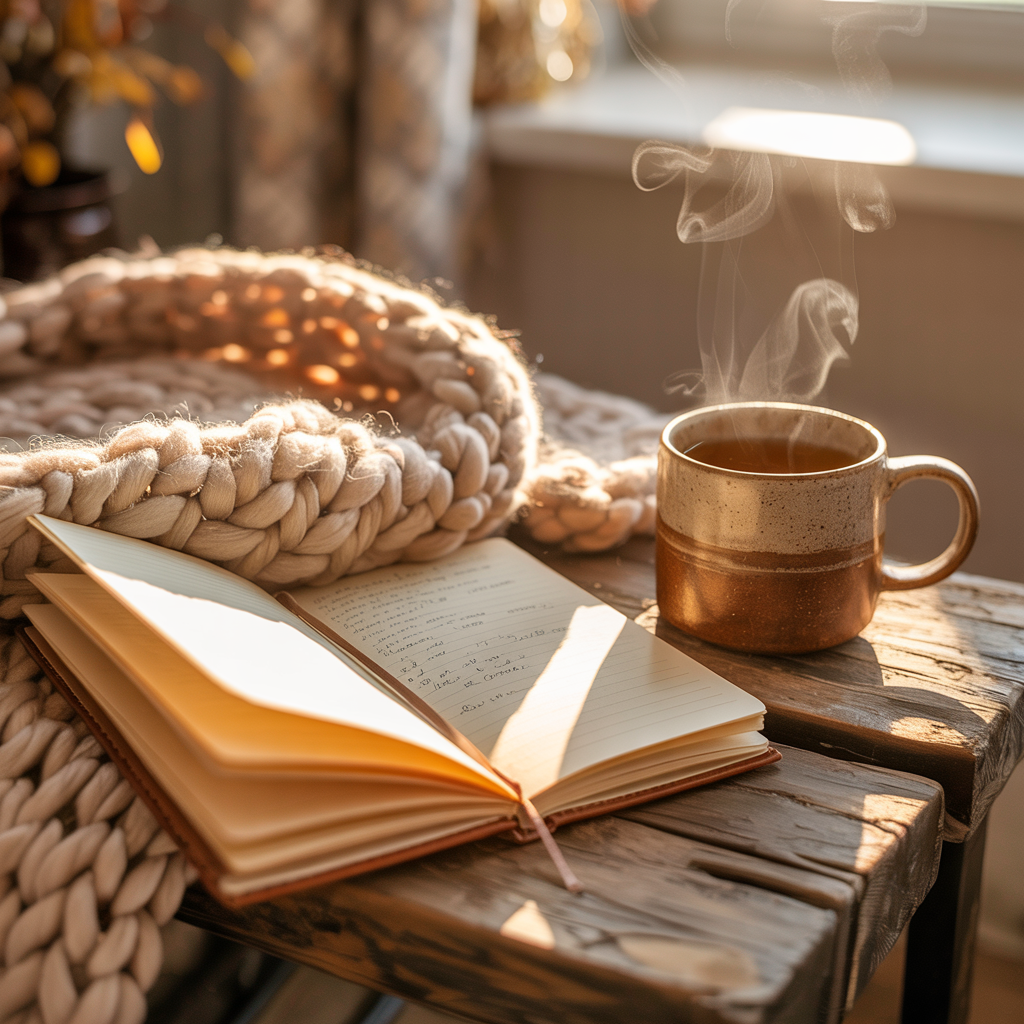 Cozy home setting with blanket, journal, and tea on a wooden table, soft natural light,