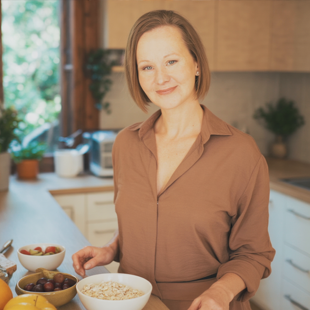 Woman wearing an apron chopping cucumbers in a bright kitchen surrounded by fresh vegetables including cherry tomatoes, bell peppers, broccoli, and lettuce.