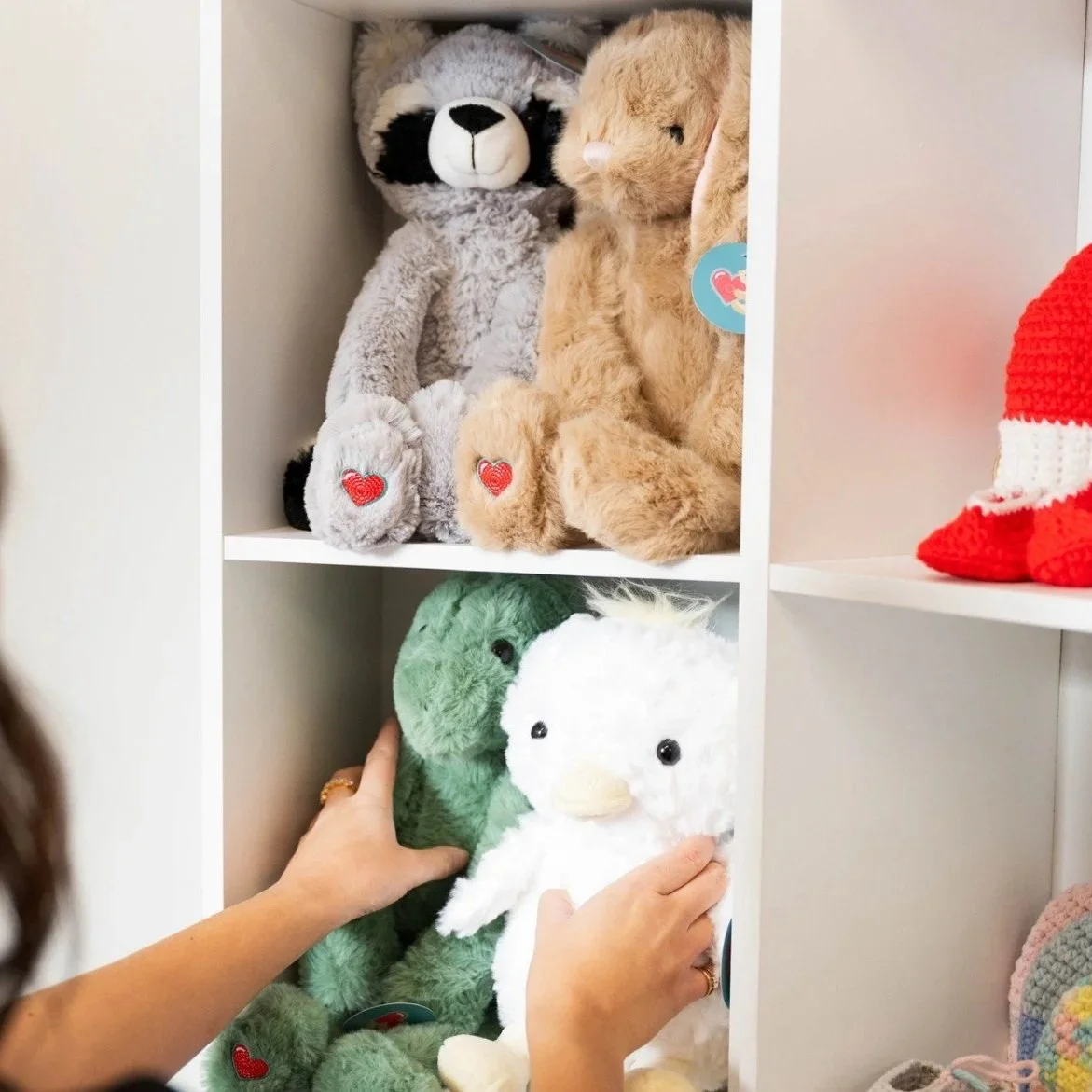 Hands arranging plush heartbeat stuffed animals on display shelves inside an elective ultrasound studio.
