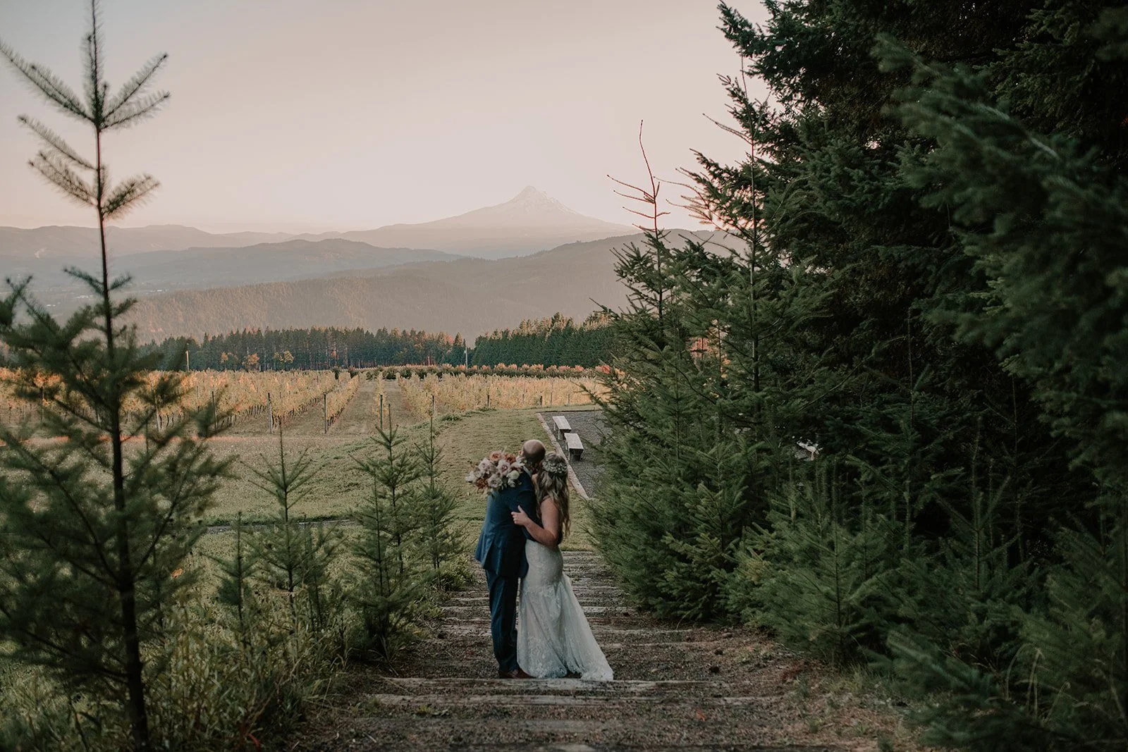 Bride and groom golden hour portrait session in the Columbia River Gorge