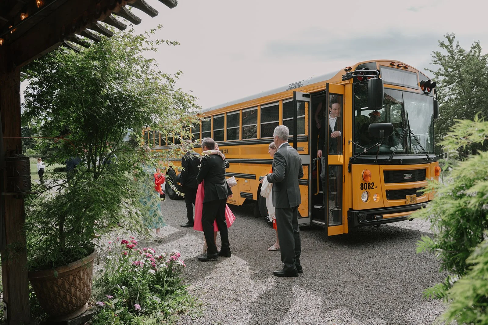 Wedding guests arriving to venue for outdoor wedding celebration in the Columbia River Gorge.