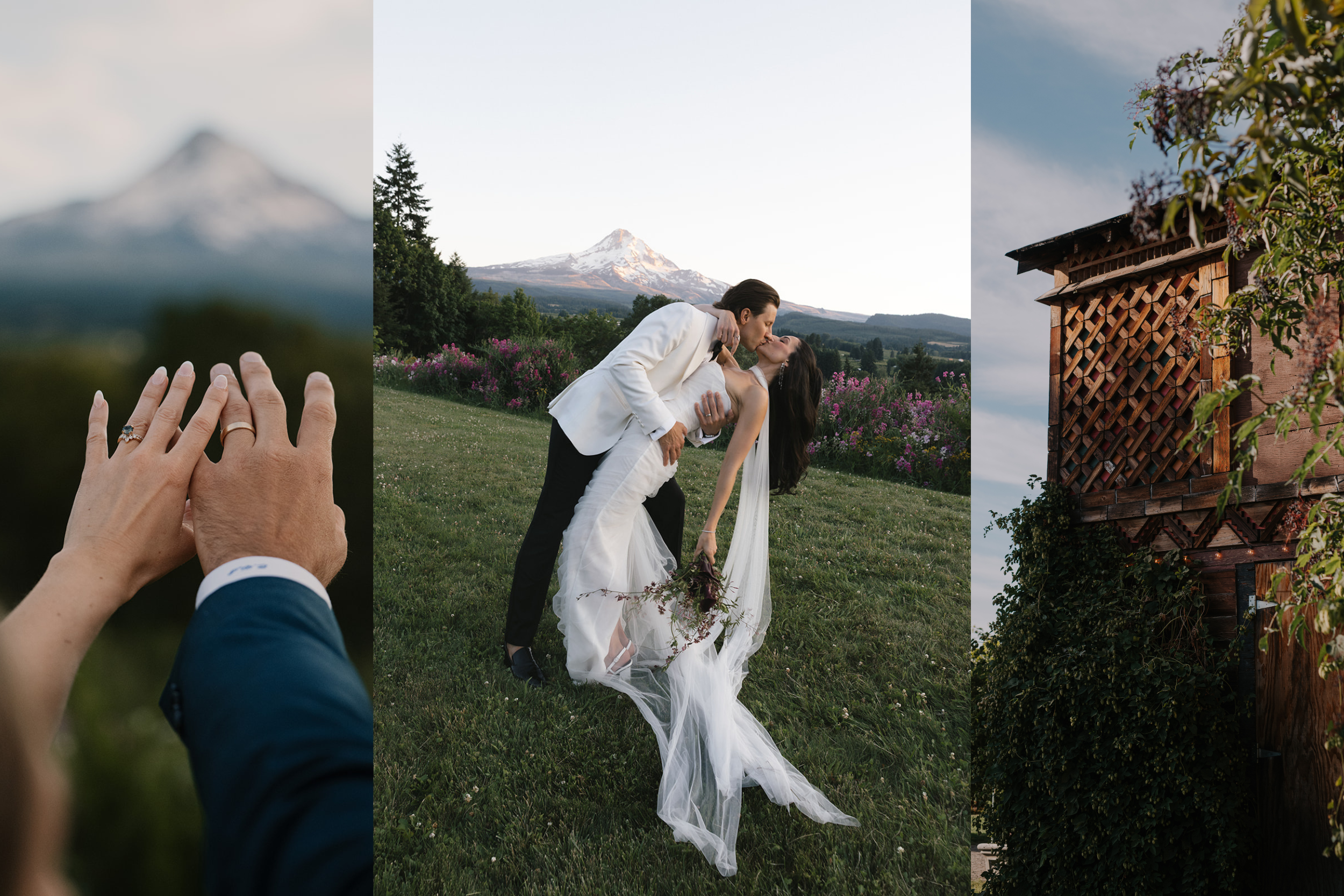 Bride and groom posing with Mt. Hood during blue hour at Mt. Hood Organic Farms.
