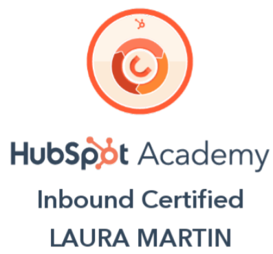 Logo for Hootsuite Academy, featuring a stylized clock icon, with the text 'Hootsuite Academy' and 'Inbound Certified' below, and the name 'Laura Martin' at the bottom.