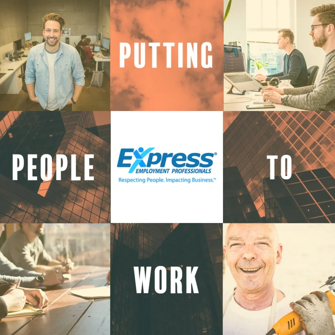 Collage of people working in office, outdoor, and industrial settings with the text 'Putting People to Work' and the Express Employment Professionals logo.