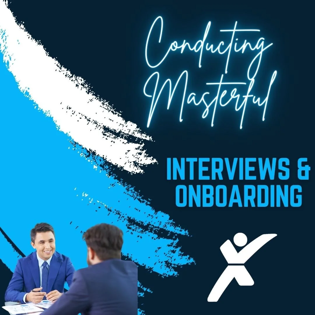 Cover image promoting conducting masterful interviews and onboarding, featuring a neon sign text, a logo, and a photo of two men in business attire having a discussion.