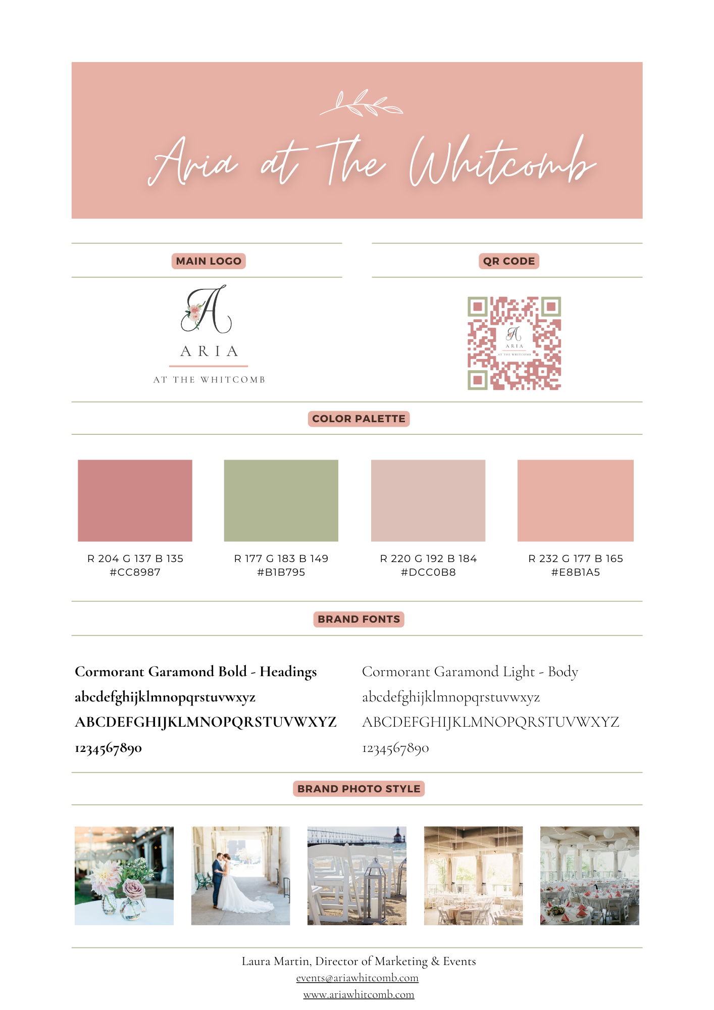 Wedding event branding card for 'Aria at The Whitcomb,' featuring a pink header with the name in cursive, a logo, QR code, color palette, brand fonts, and sample photos of wedding decor, couple, and venue.