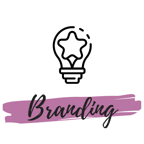 The image contains a black background with the word 'Branding' written in black script font over a purple brushstroke