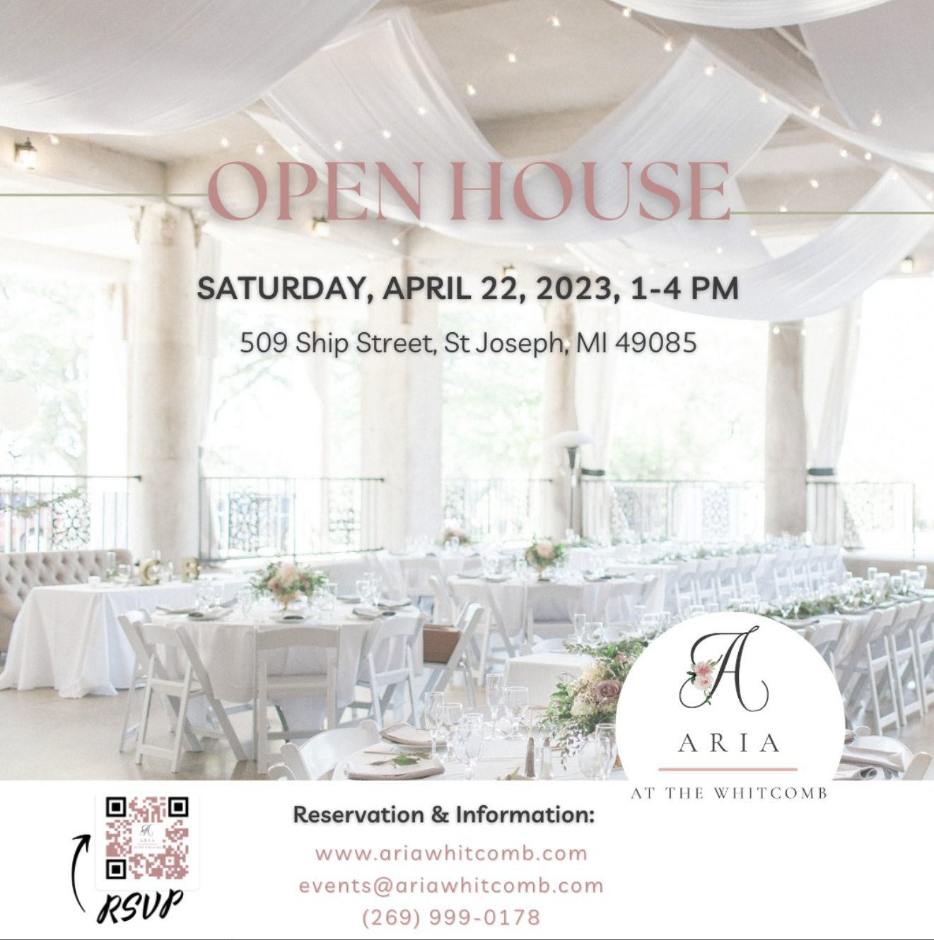 Invitation for an open house event with details including date, time, location, and contact information, set against a background of a decorated elegant banquet hall with white draped ceiling, tables, and floral centerpieces.