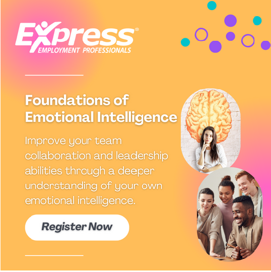 An advertisement for Express Employment Professionals promoting a course on Foundations of Emotional Intelligence, encouraging team collaboration and leadership skills improvement, with images of a brain, a woman, and a diverse group of people