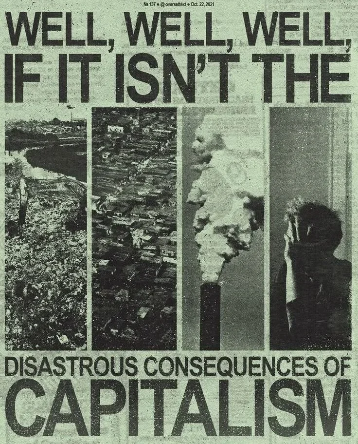 A newspaper headline with four images: a polluted river, a cityscape, smoke pouring from an industrial chimney, and a person with a cigarette.