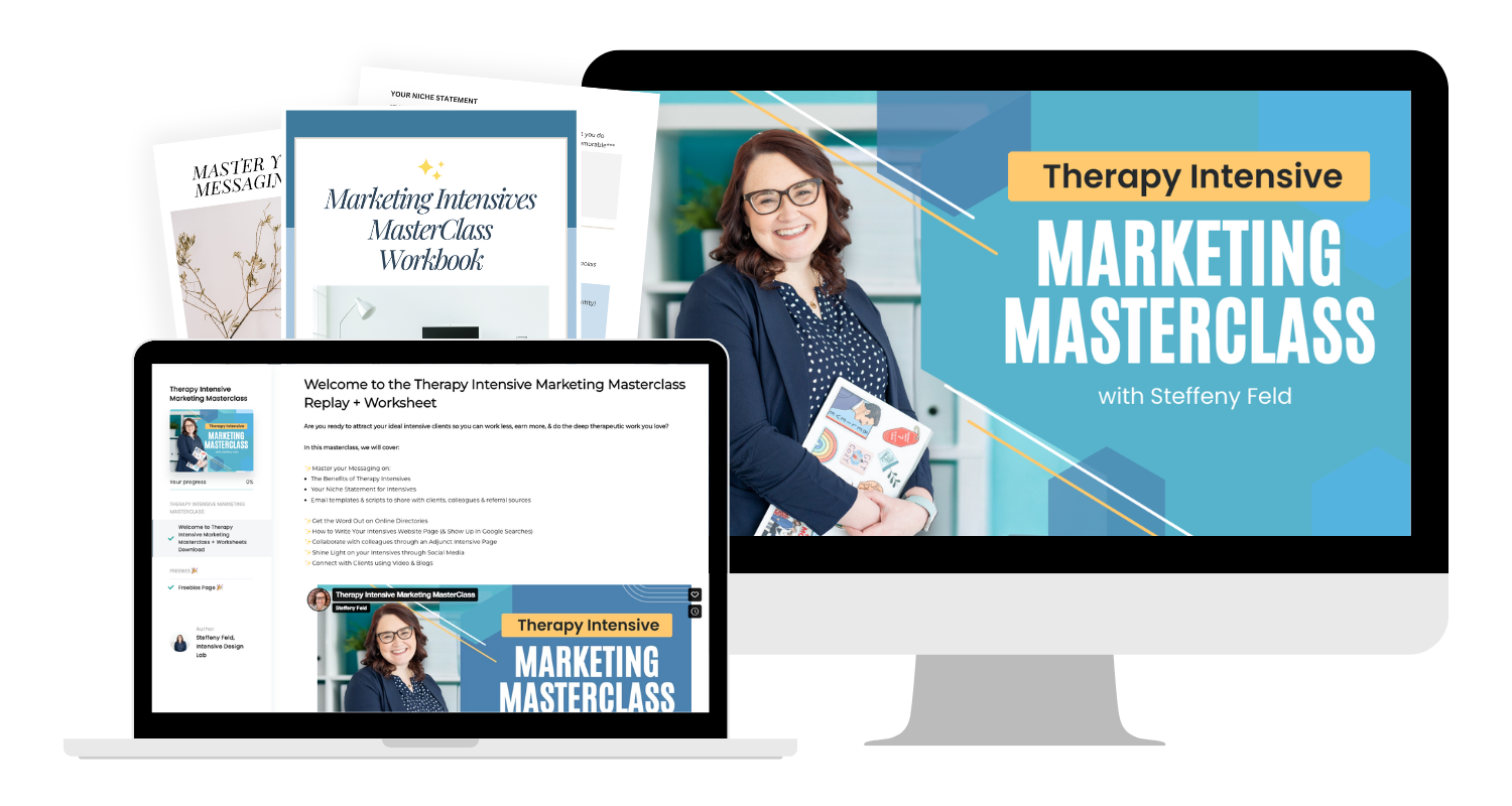 herapy Intensive Marketing Masterclass course mockup: The comprehensive guide to mastering messaging and attracting private-pay clients.