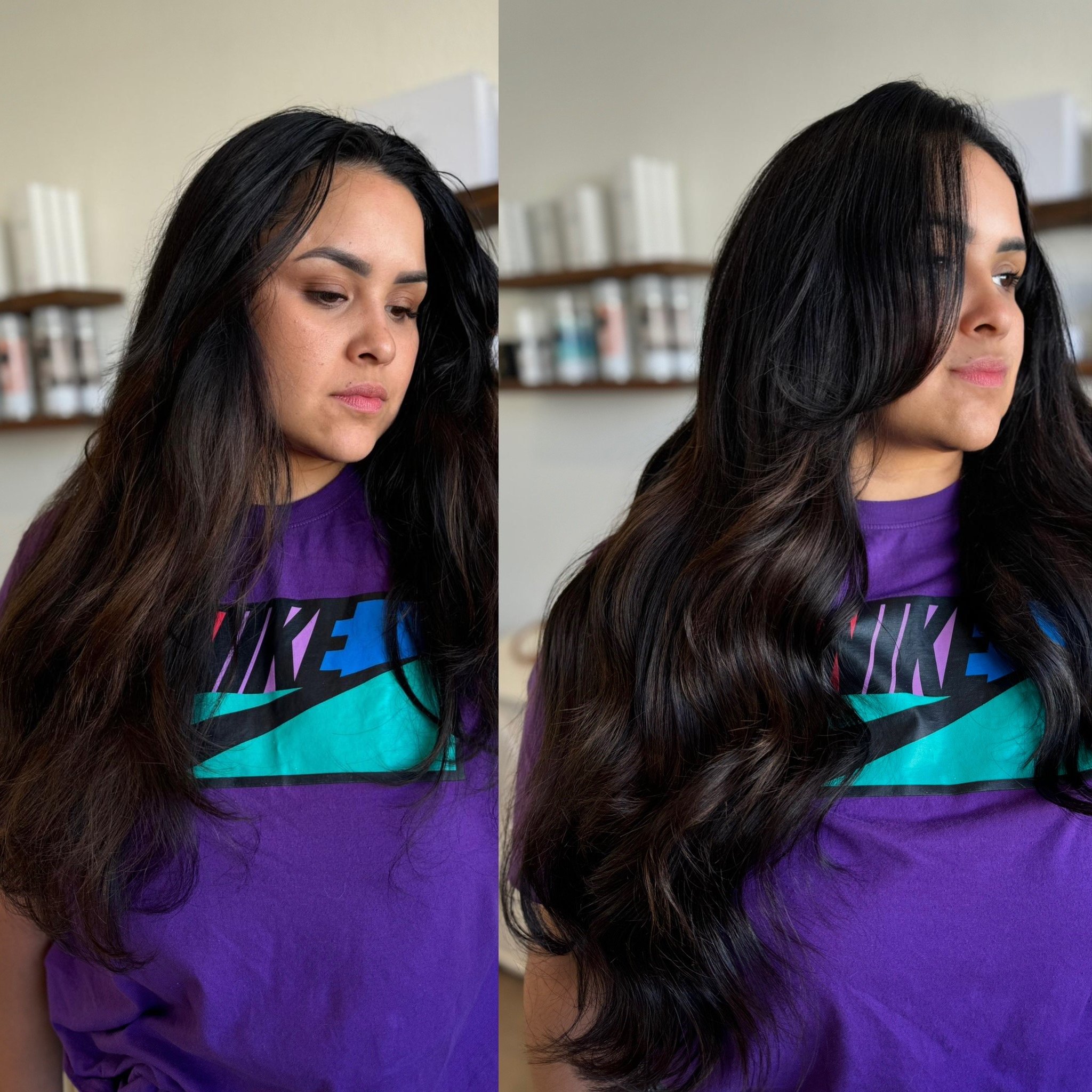 A woman with long, dark hair wearing a purple and teal Nike shirt. Two side-by-side images show her hair before and after styling, with smoother and more voluminous waves in the after photo. Shelves with products are in the background.