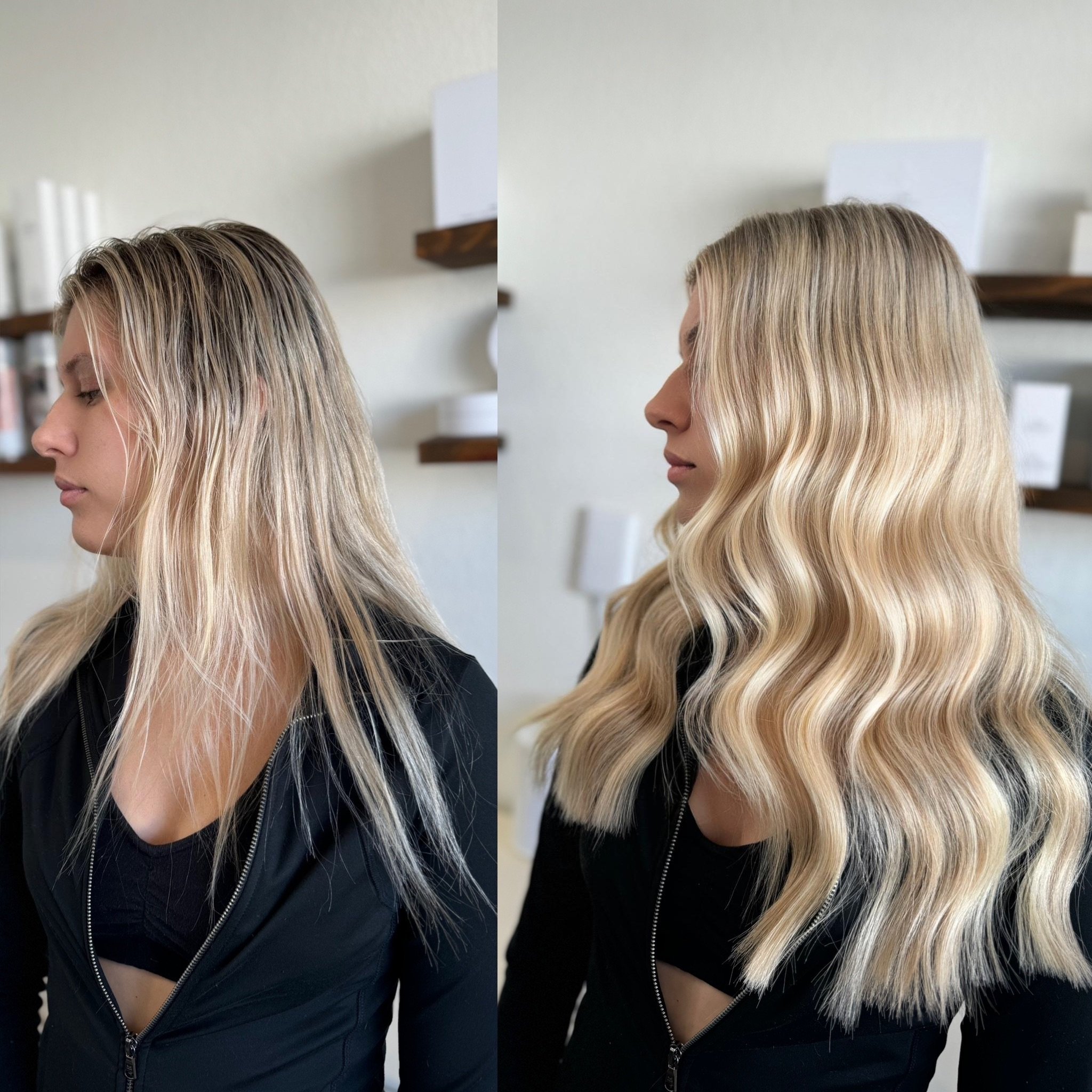 Before and after hair transformation of a woman with long blonde hair. The left image shows her hair straight and slightly messy, while the right image shows it styled in smooth, polished waves.