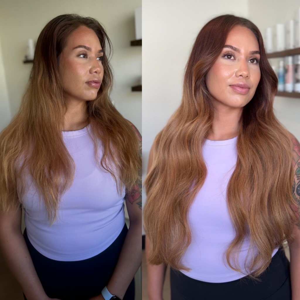 Before and after hair transformation of a woman with long, wavy brown hair, wearing a lavender top. Left image shows natural texture, right shows styled, smoother waves.