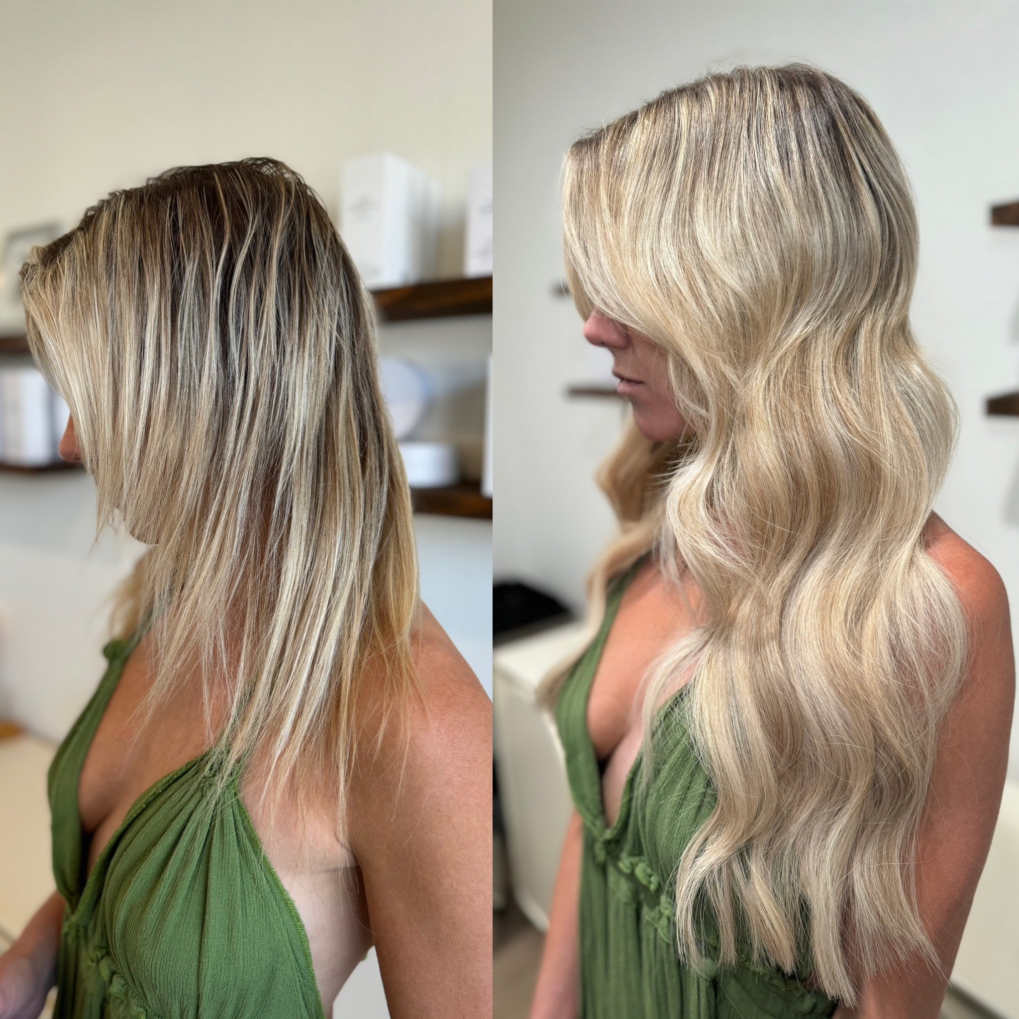 Before and after hair transformation showing a woman with short, straight blonde hair in the first image and long, wavy blonde hair in the second image, both wearing a green outfit.
