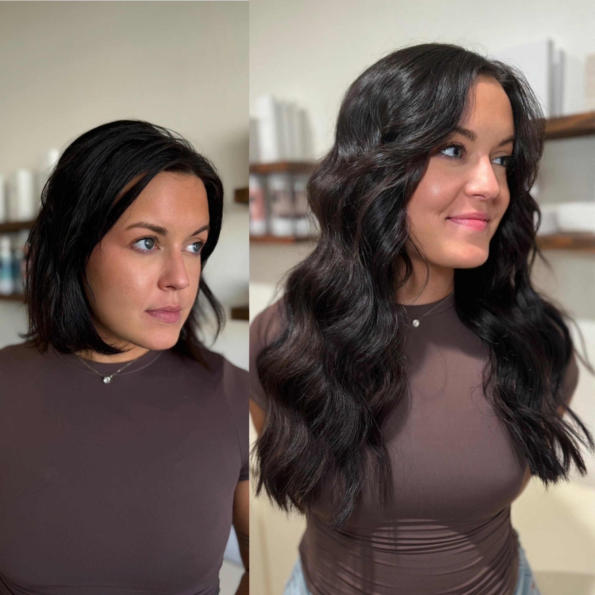 Before and after photo showing a woman's hair transformation from a short bob to long wavy extensions.