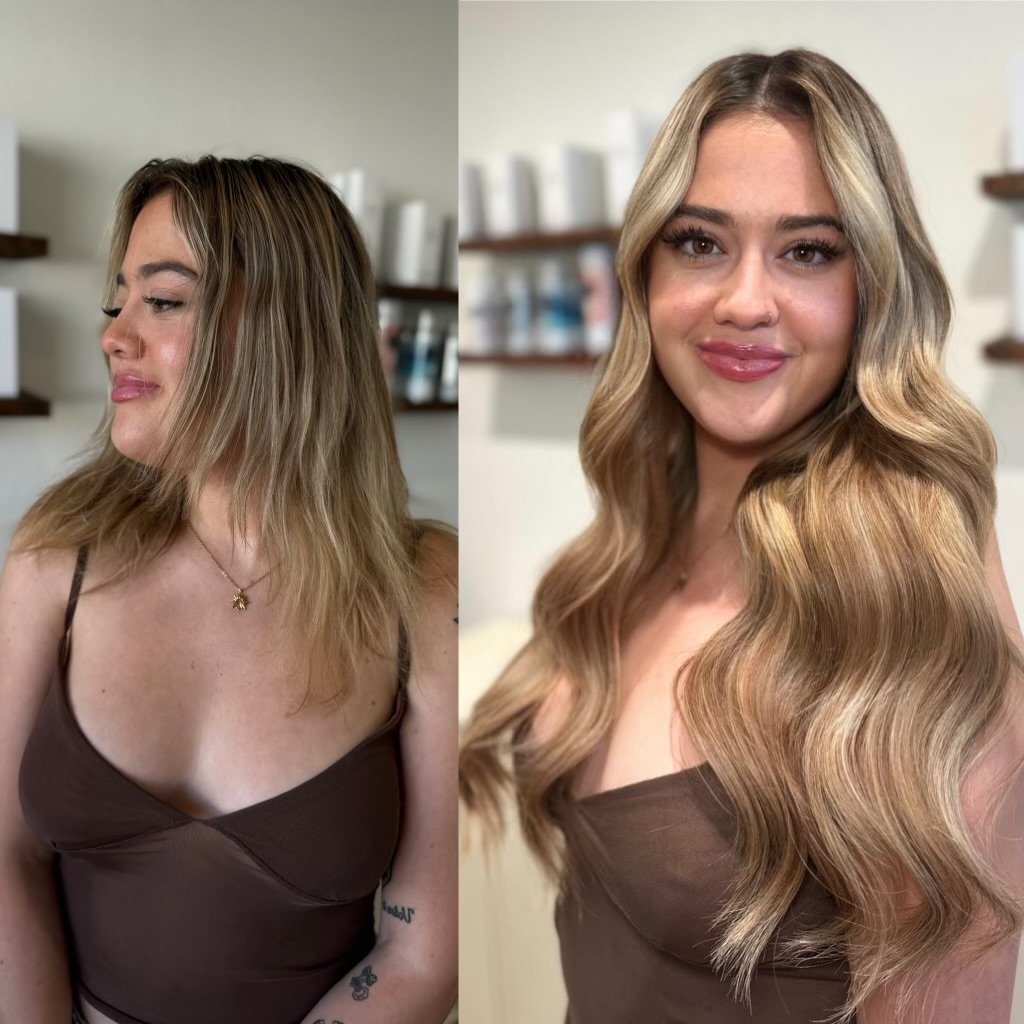 Before and after hair transformation showing a woman with wavy blonde hair on the right and straight hair on the left, wearing a brown sleeveless top.