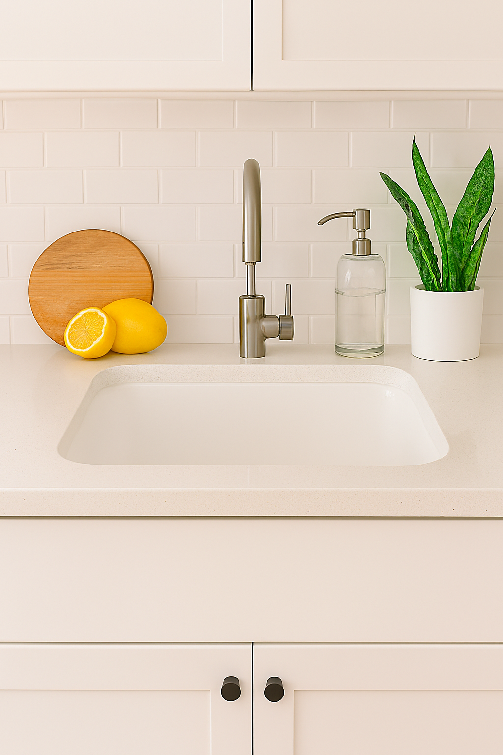 Kitchen sink with a lemon, cutting board, and potted plant on the countertop.