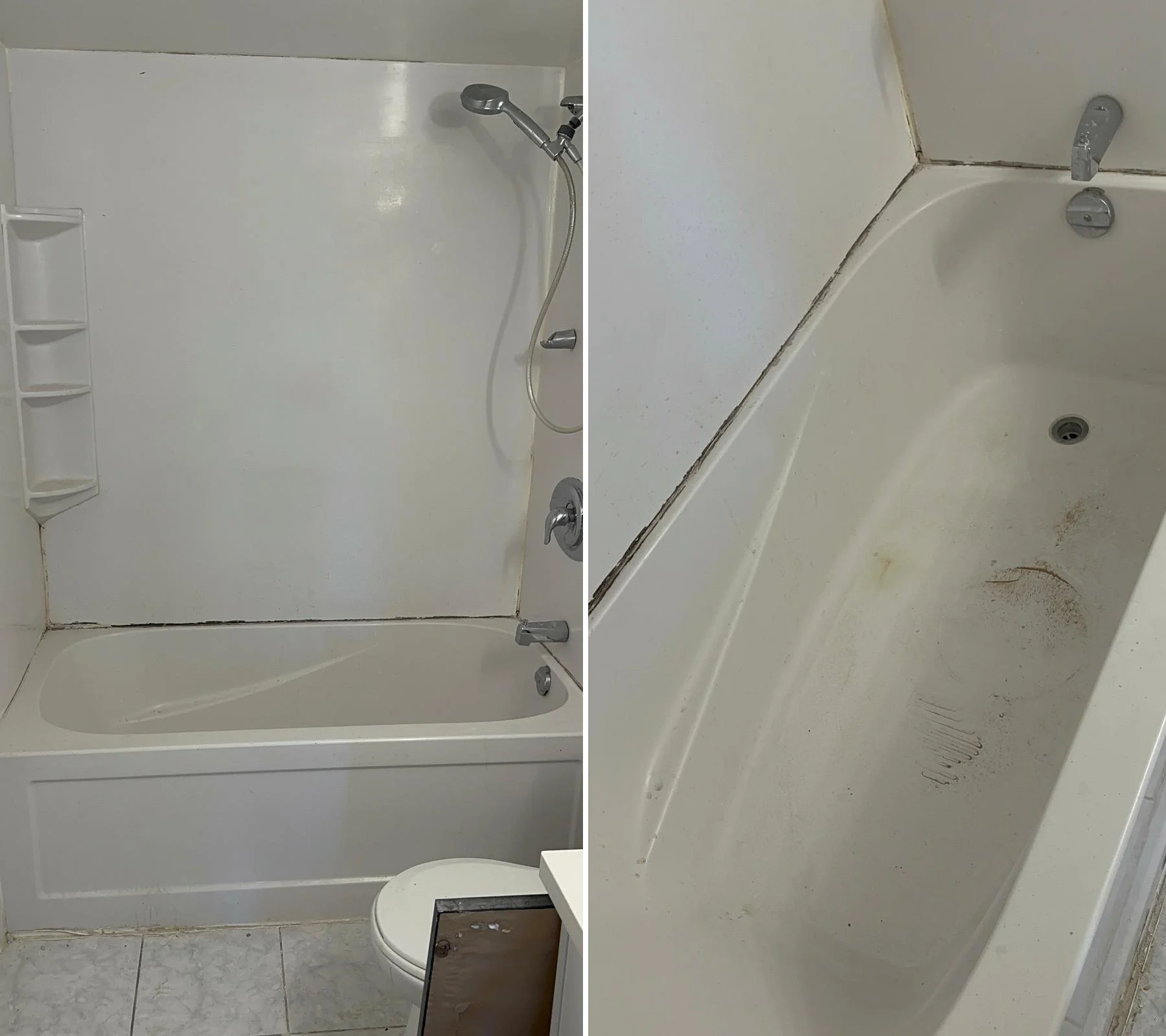 Split view of two bathtubs; the left shows a clean white bathtub with a showerhead and a small shelf, while the right shows a dirty soaking tub with stains and grime along the edges.