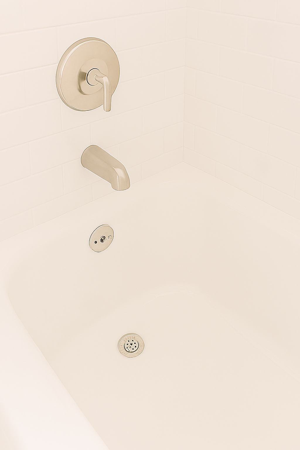 Empty white bathtub with chrome faucet, knobs, and drains, against a white tiled wall.