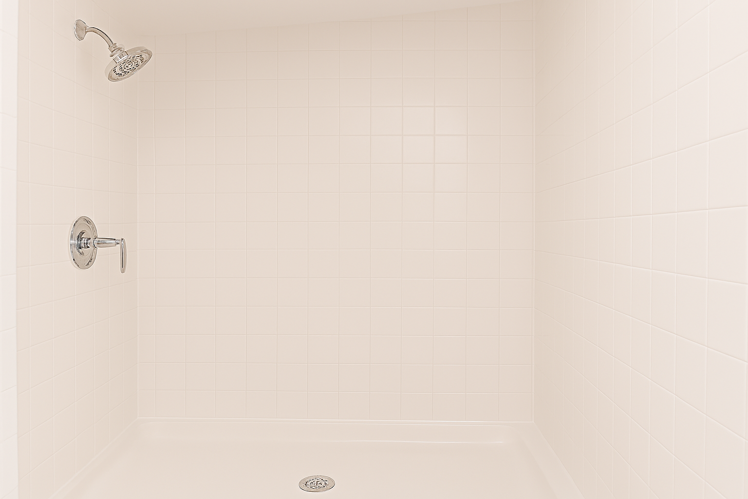 Empty white tiled shower with chrome showerhead and handle, and a drain on the shower floor.