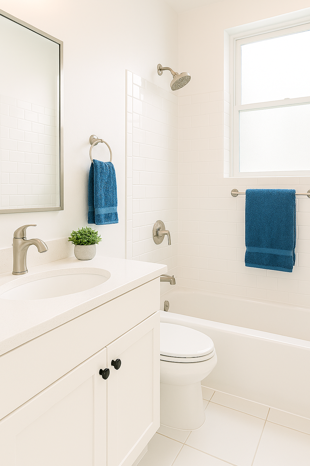 A clean, modern bathroom with white walls, a white vanity with a sink, a brass faucet, a small potted plant, and a mirror. There is a toilet, a bathtub with a wall-mounted showerhead, and a frosted window with a towel rack holding a blue towel. A blue hand towel hangs on a towel ring near the sink.