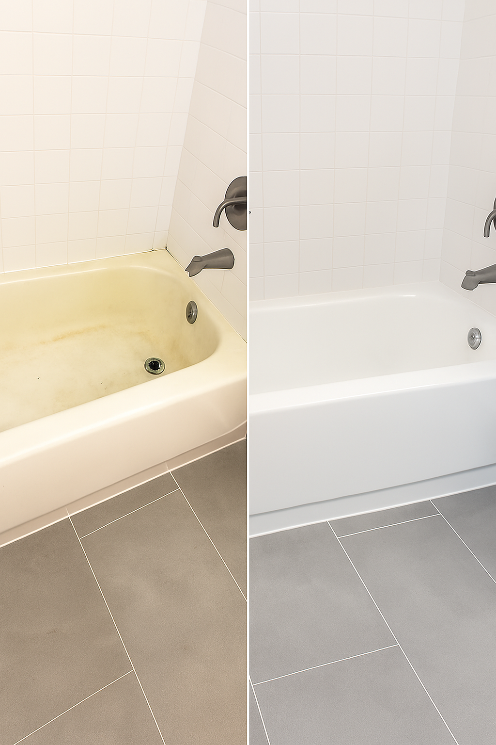 Comparison of two bathtubs; the left tub is old and stained, and the right tub is clean and white, both with white tiled walls and gray floor tiles.