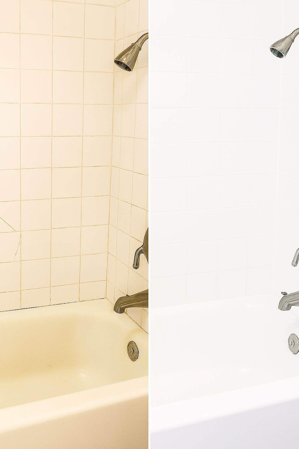 Comparison of two bathroom shower areas: the left with beige tiles and a darker faucet, the right with white tiles and a lighter faucet.