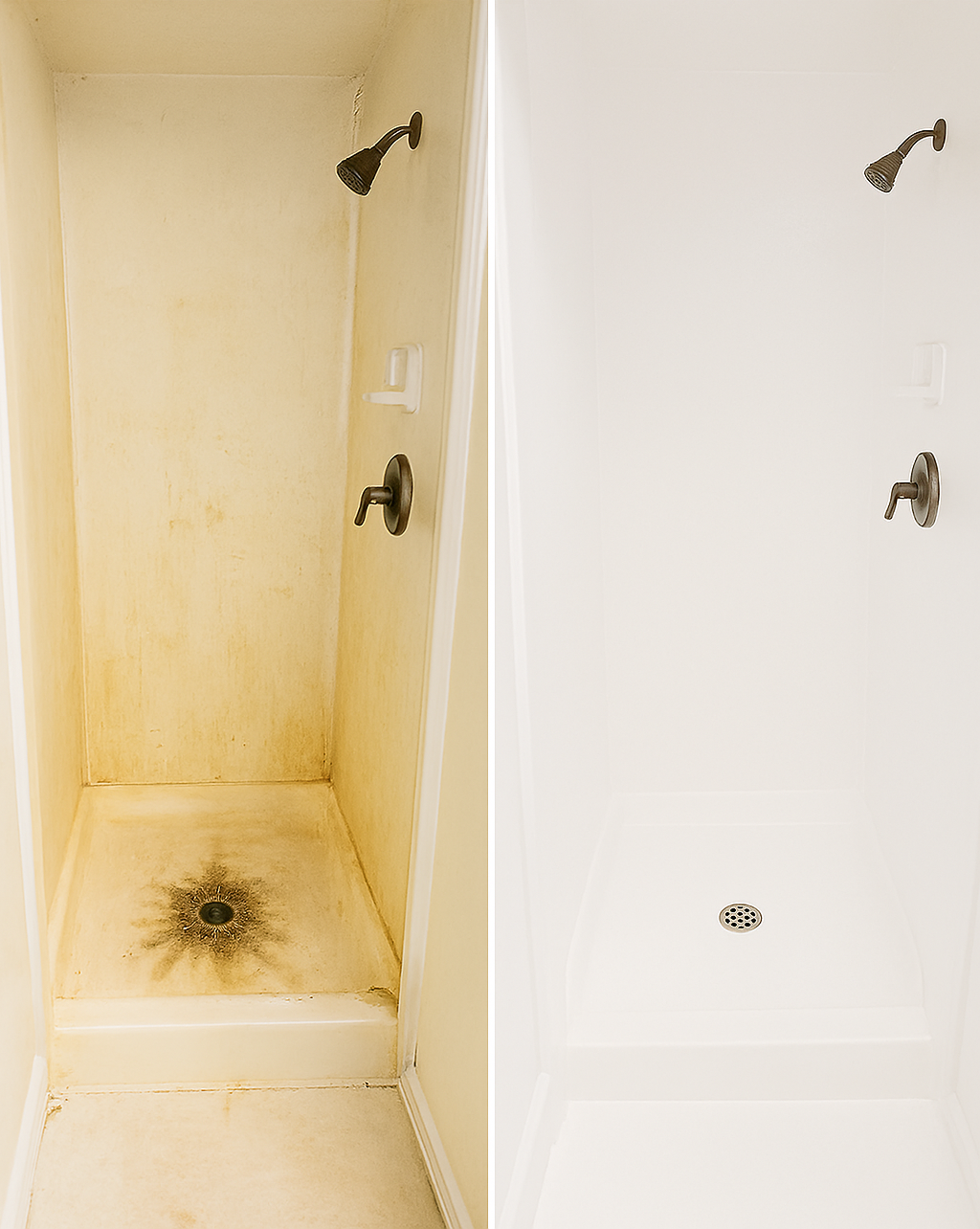 Before and after images of a shower cleaning, with the dirty, stained shower on the left and the clean, white shower on the right.
