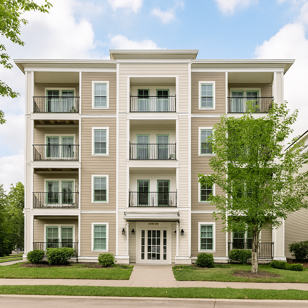 A modern four-story apartment building with beige and white siding, multiple balconies, and a central entrance with glass double doors. Trees and shrubs are in front of the building, under a partly cloudy sky.
