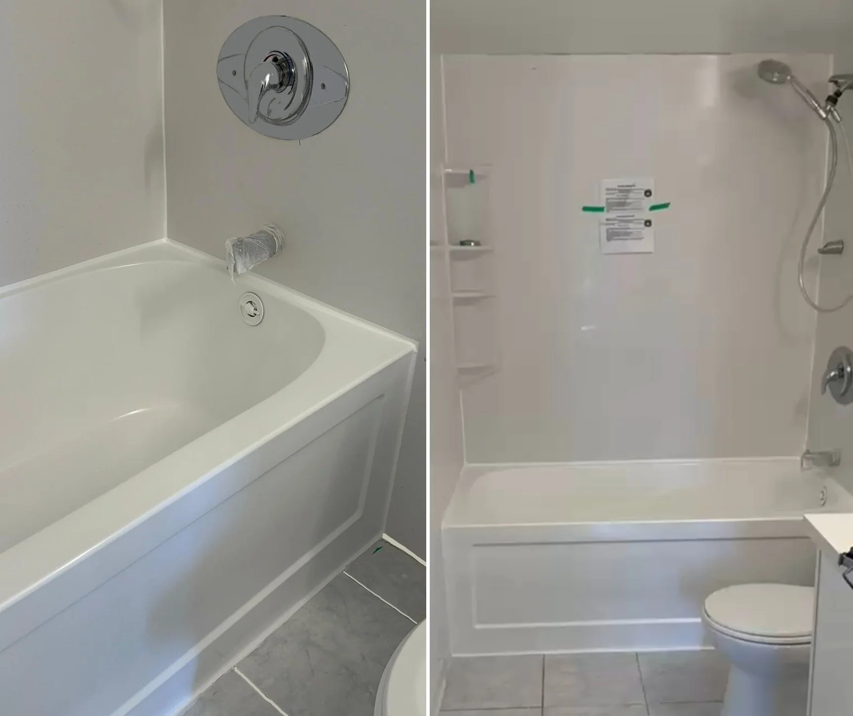 Comparison of two bathroom showers, one with a bathtub and the other with a toilet, both in white with tiled floors.