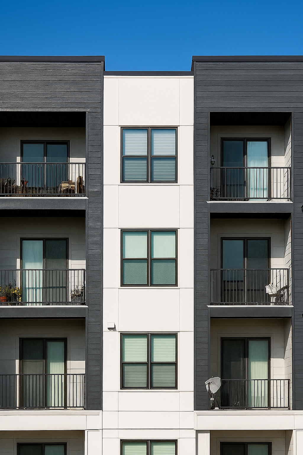 Front of a modern apartment building with multiple balconies and bright blue sky.