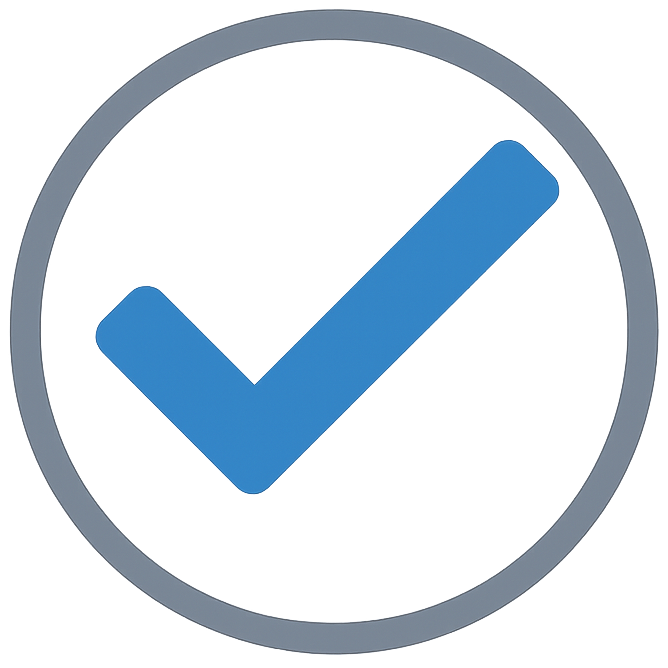 Blue check mark inside a gray circle.