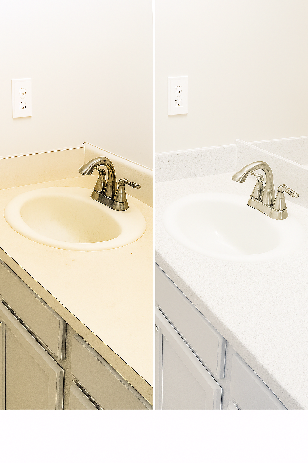 Comparison of a bathroom sink before and after cleaning, showing a dirty beige countertop and an upgraded white countertop with a clean sink.