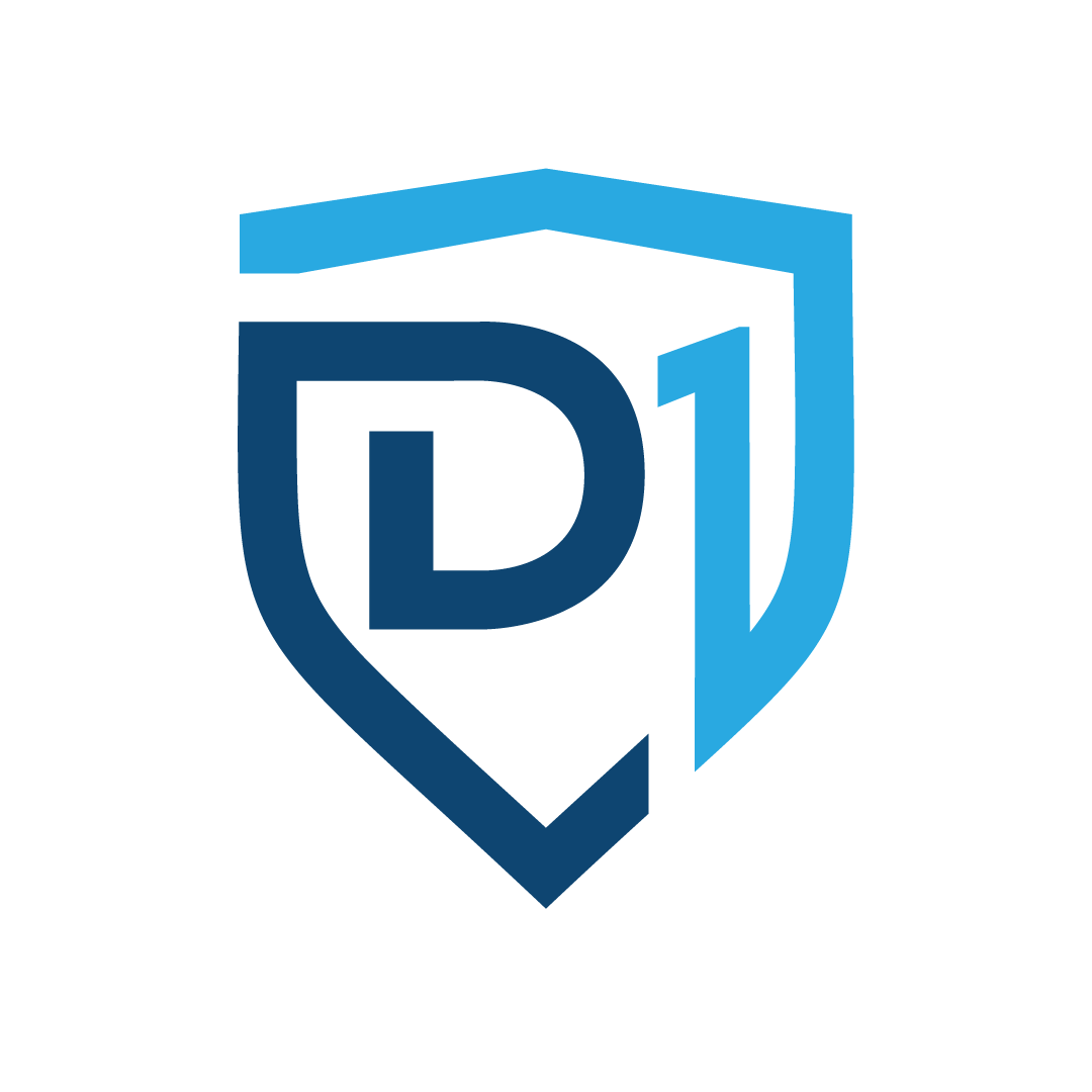 A logo with a stylized shield design featuring a large letter 'D' and the number '1' in shades of blue.