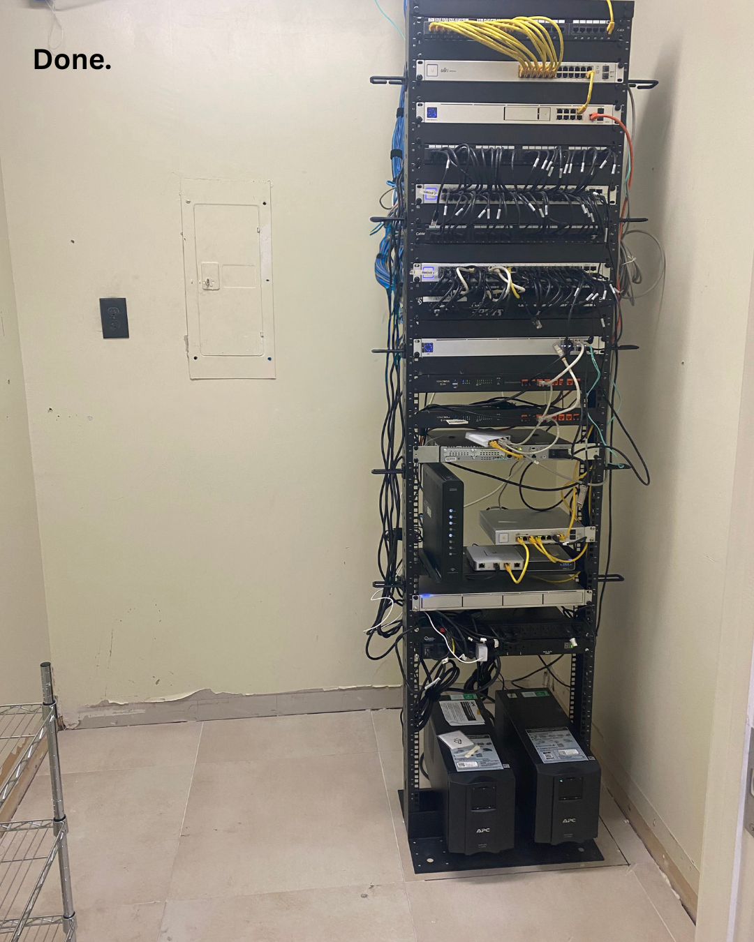 Job done – Equipment organized, cables managed, and clear access to the electrical panel.